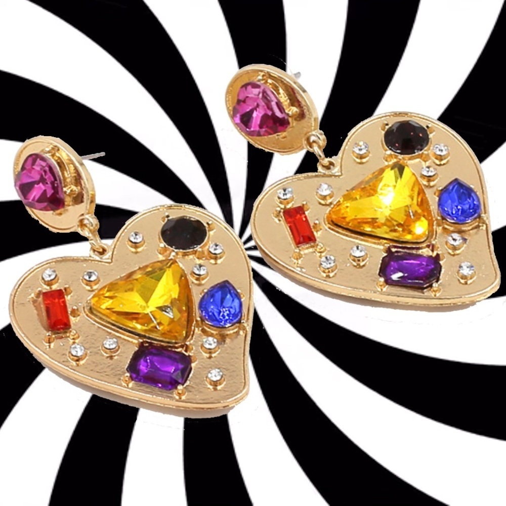 Sexy glam gold-tone gem encrusted drop heart pierced earrings